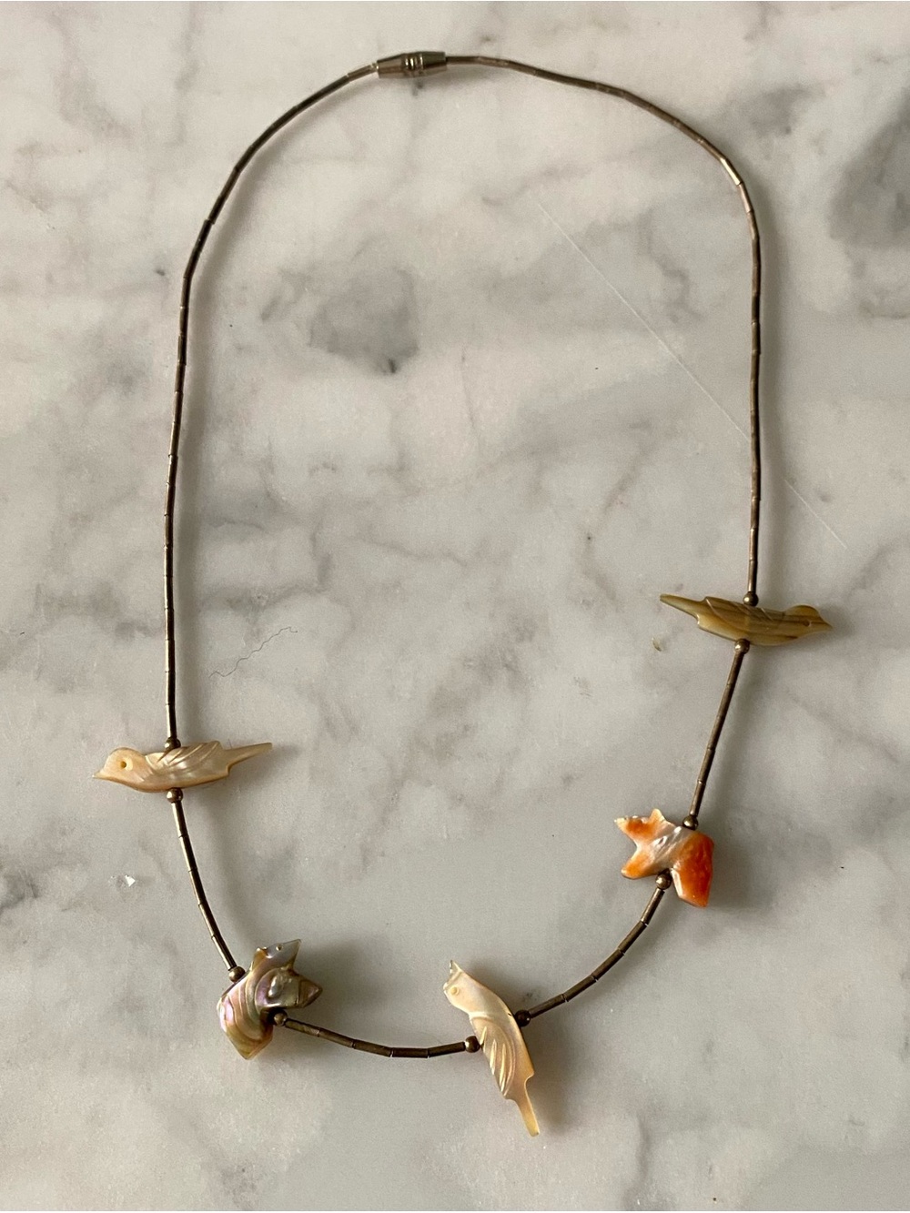 Native American Carved Abalone Fetish Bird Bear Sterling Silver Liquid Necklace